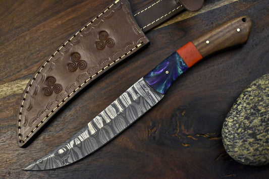 Hunting Skinner Knife Twist Damascus Mixed Material with Leather Sheath
