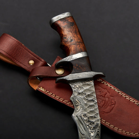 12" Handmade Damascus Steel Bowie Knife – Buffalo Horn & Wood Handle + Leather Sheath