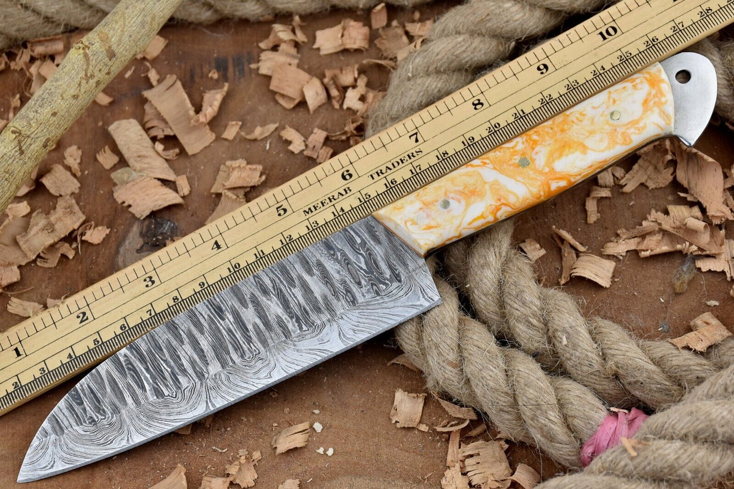 Custom Handmade Forged Damascus Steel Chef Knife with Yellow & White Handle