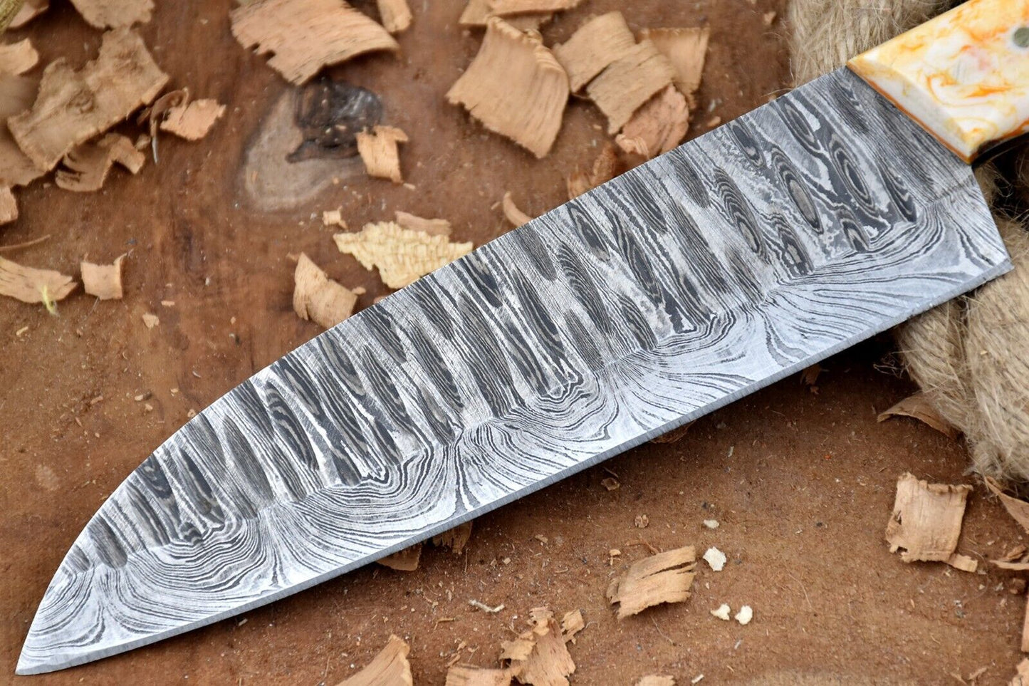 Custom Handmade Forged Damascus Steel Chef Knife with Yellow & White Handle