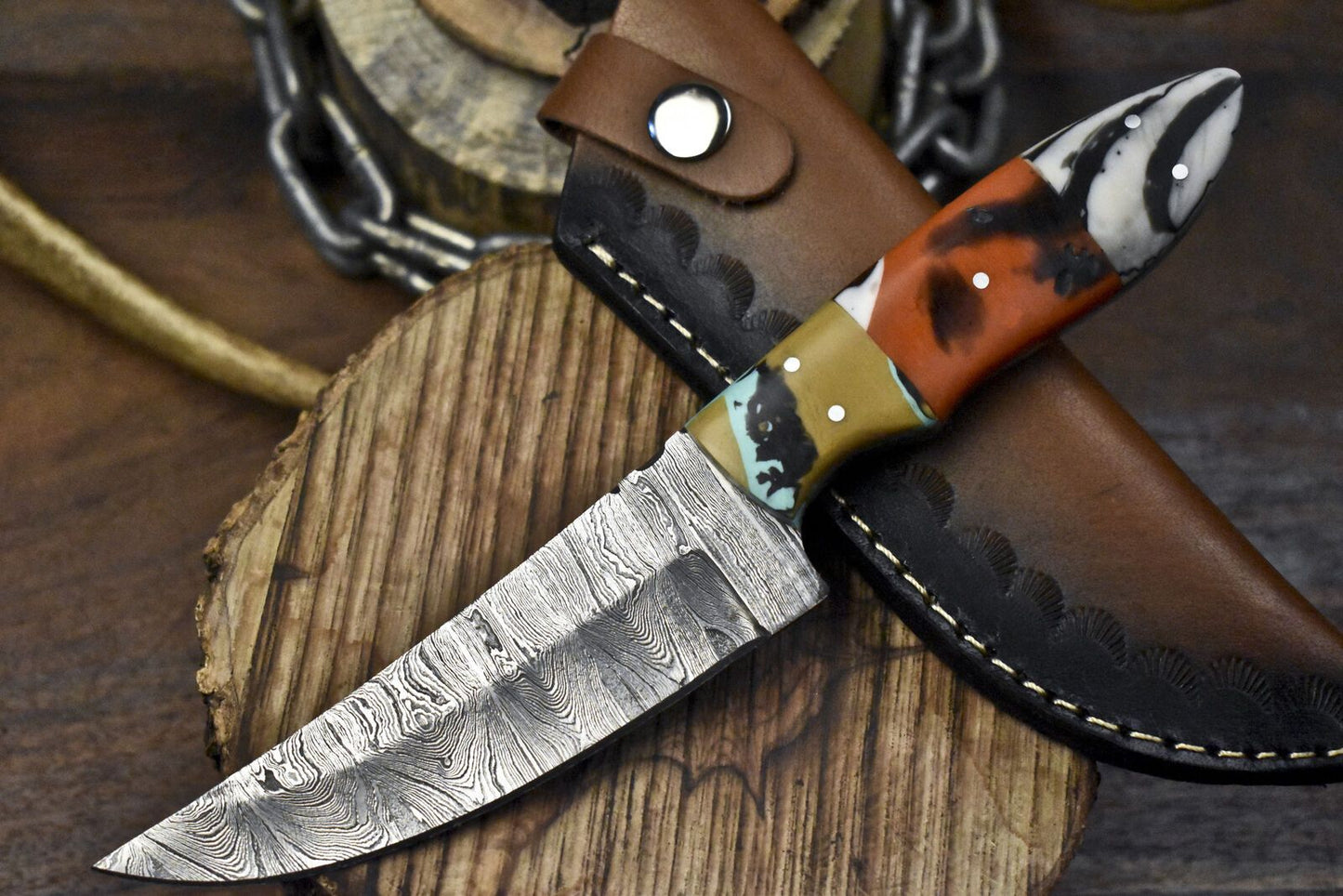 Twist Damascus Skinner Knife with Corian Handle and Micarta Bolster for Survival Use