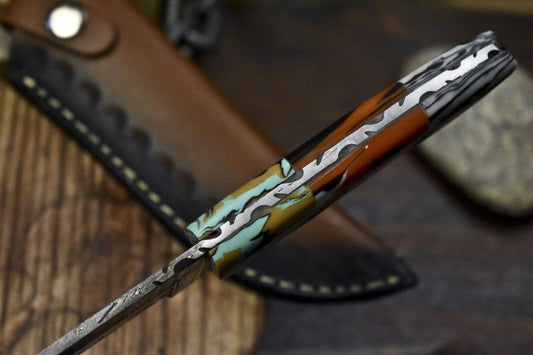 Twist Damascus Skinner Knife with Corian Handle and Micarta Bolster for Survival Use
