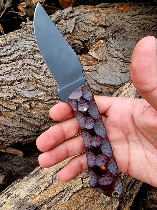 Handmade Skinner Knife – D2 Stainless Steel Drop Point Blade with Red Micarta Handle & Sheath