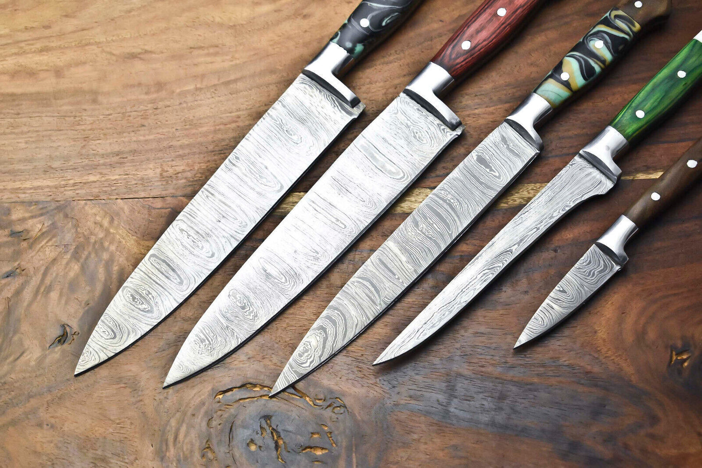 Custom Lot of 5 Handmade Hammered Damascus Steel Chef Knives Set – 384 Layers, Razor Sharp