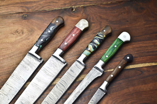 Custom Lot of 5 Handmade Hammered Damascus Steel Chef Knives Set – 384 Layers, Razor Sharp