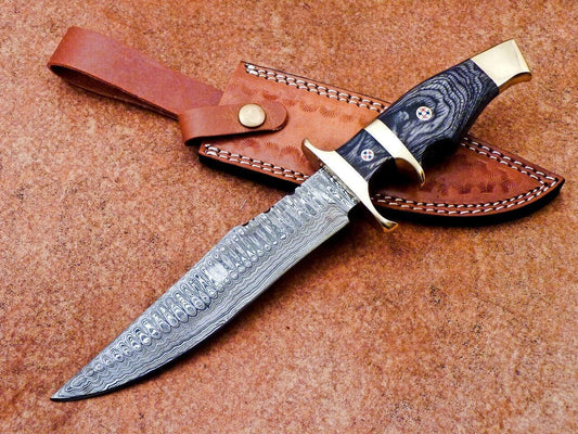 Custom Forged Damascus Steel Handmade Hunting Bowie Knife With Hardwood Handle
