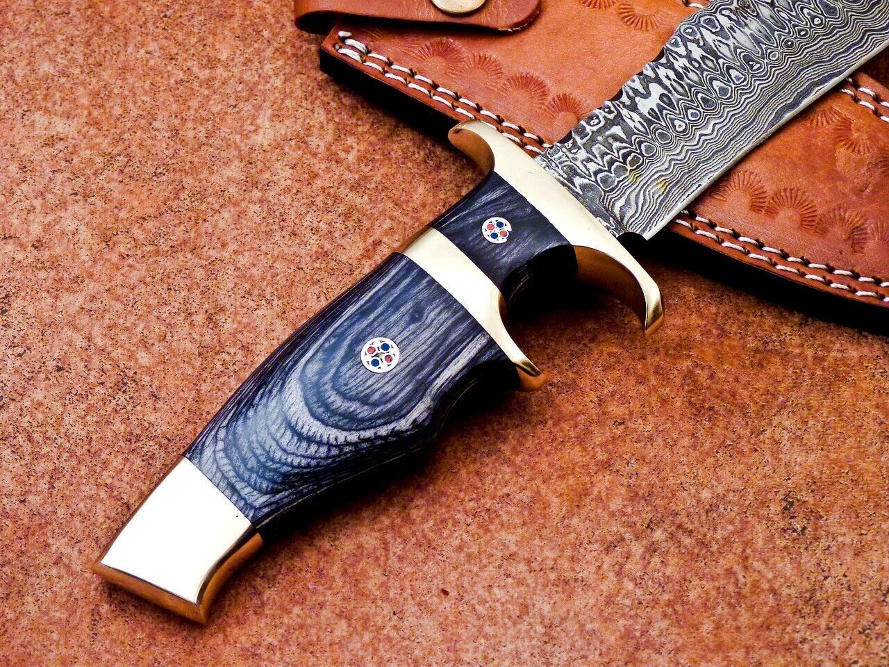 Custom Forged Damascus Steel Handmade Hunting Bowie Knife With Hardwood Handle