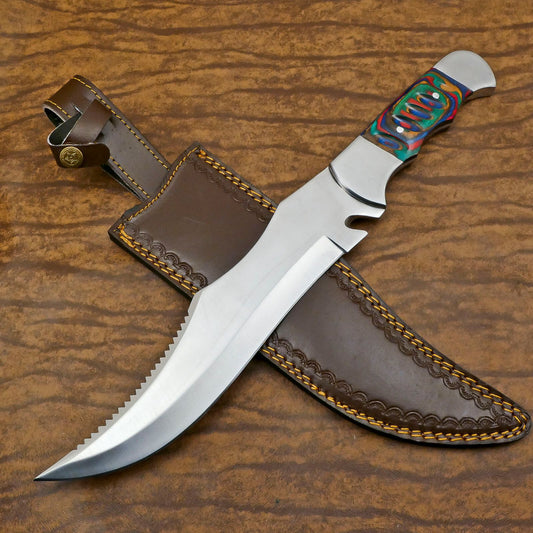 Handmade D2 Large Bowie Hunting Knife | 12-Inch Blade with Pakka Wood Handle & Leather Sheath