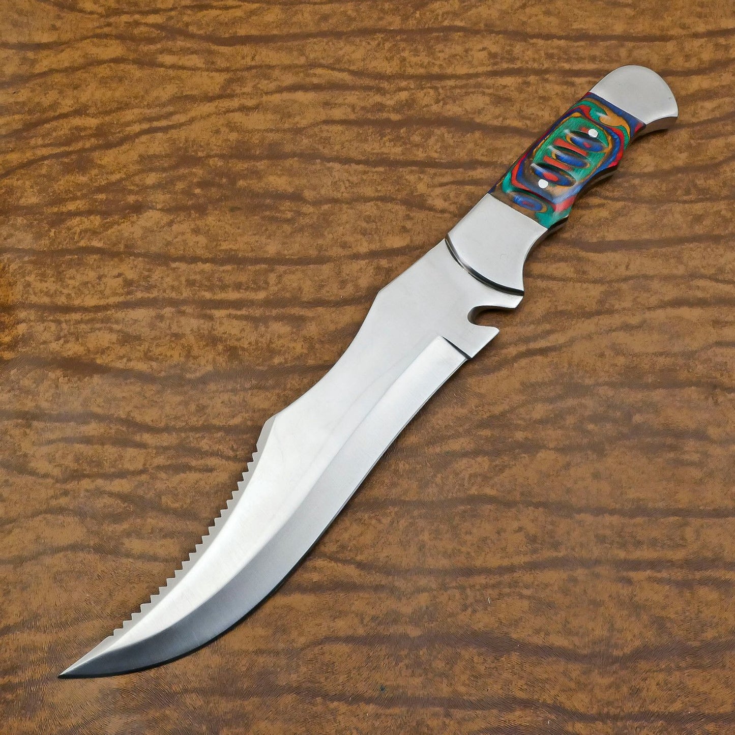 Handmade D2 Large Bowie Hunting Knife | 12-Inch Blade with Pakka Wood Handle & Leather Sheath