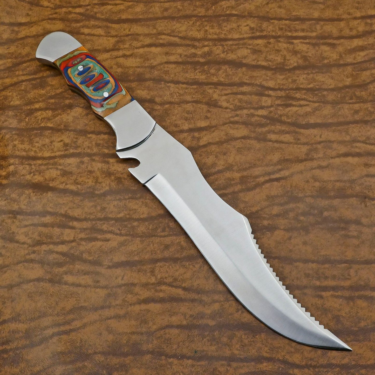 Handmade D2 Large Bowie Hunting Knife | 12-Inch Blade with Pakka Wood Handle & Leather Sheath