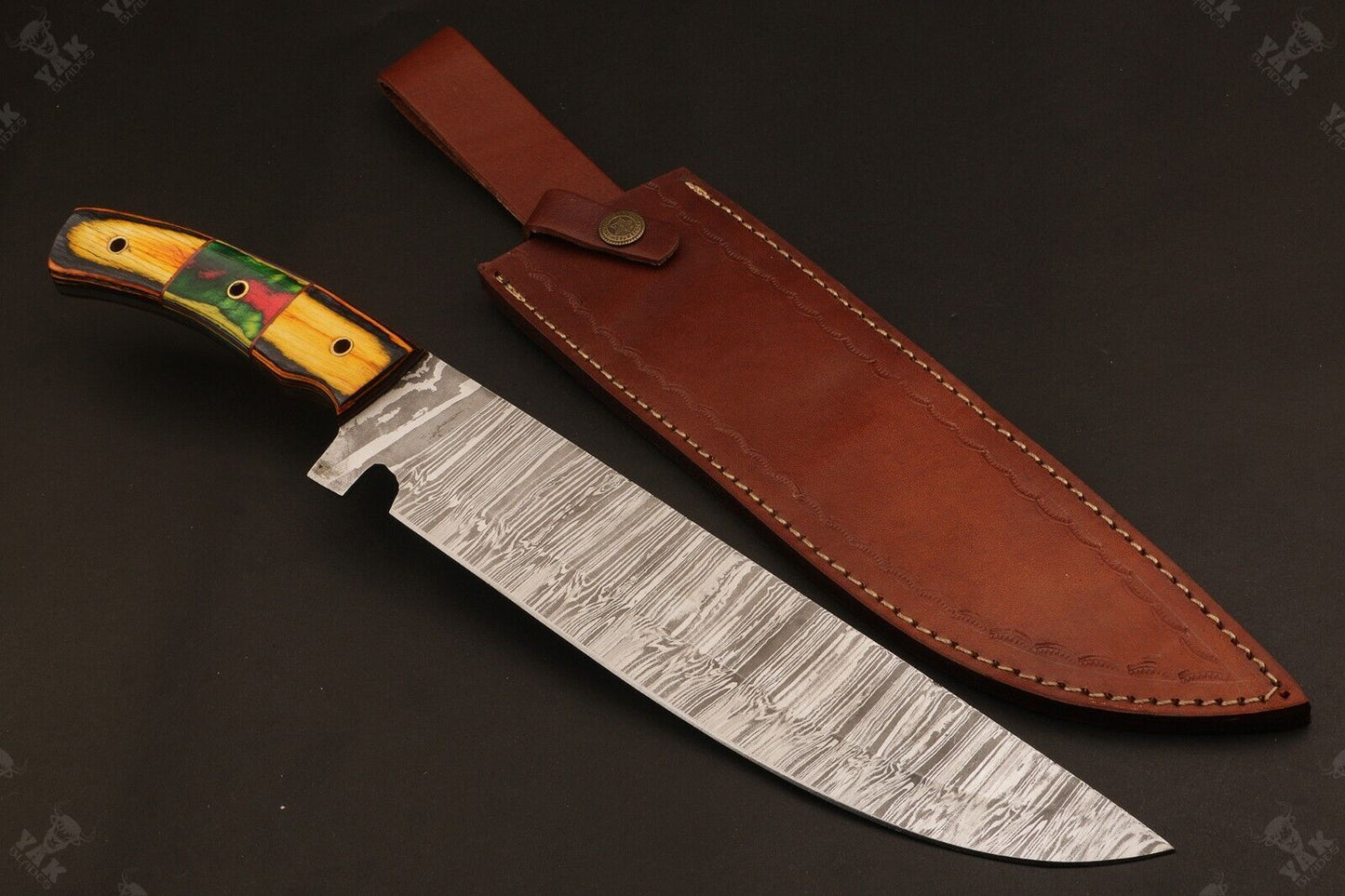16 Inch Custom Handmade Fire Damascus Bowie Knife with Wood Handle by Heritage Forge