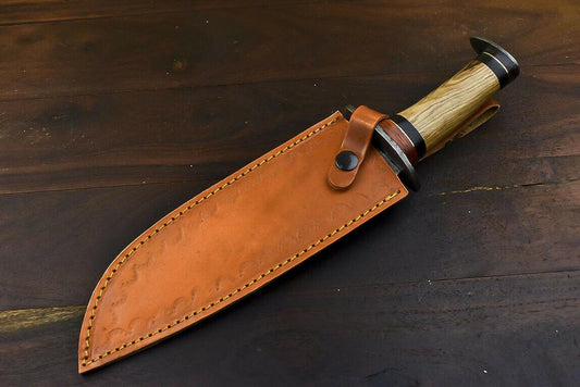 12" Damascus Steel Bowie Knife with Olive Wood Handle Hunting Blade