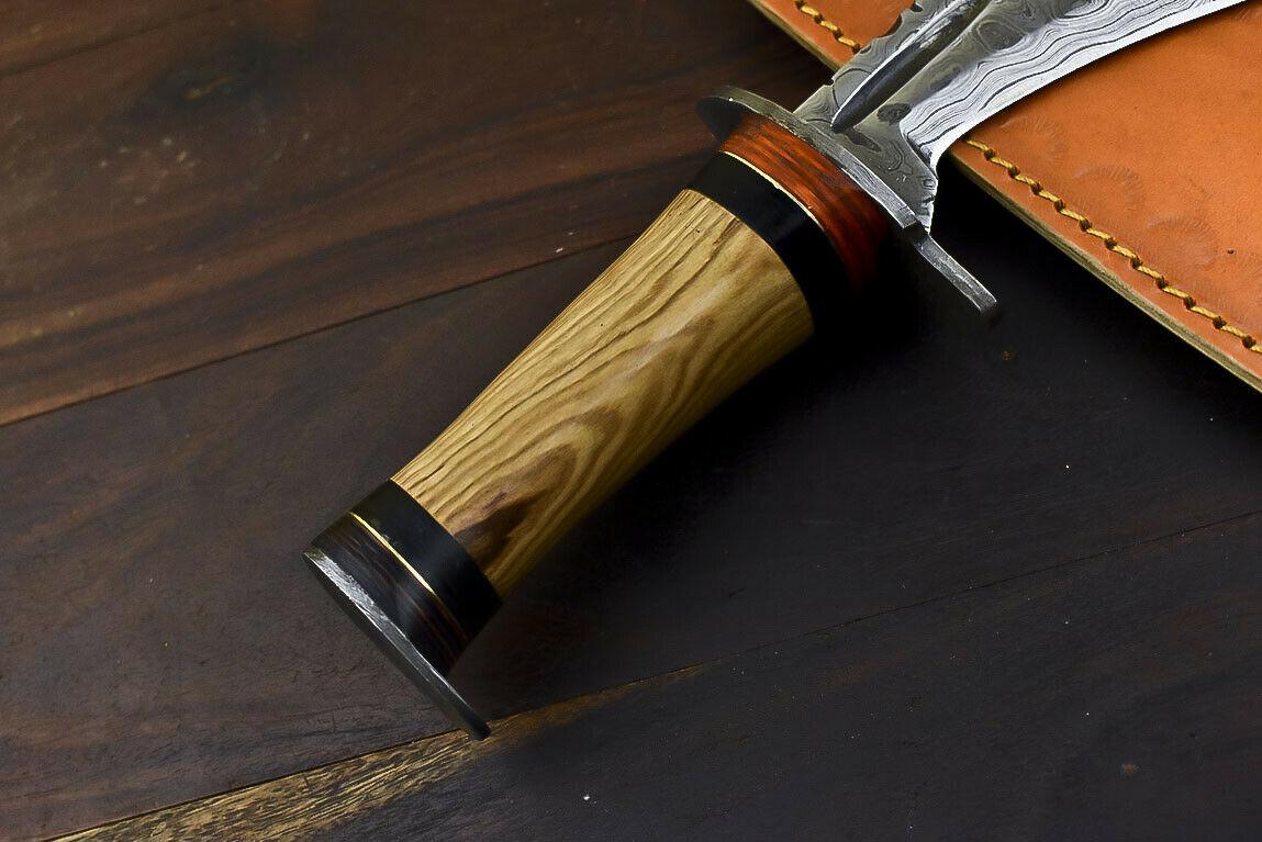 12" Damascus Steel Bowie Knife with Olive Wood Handle Hunting Blade