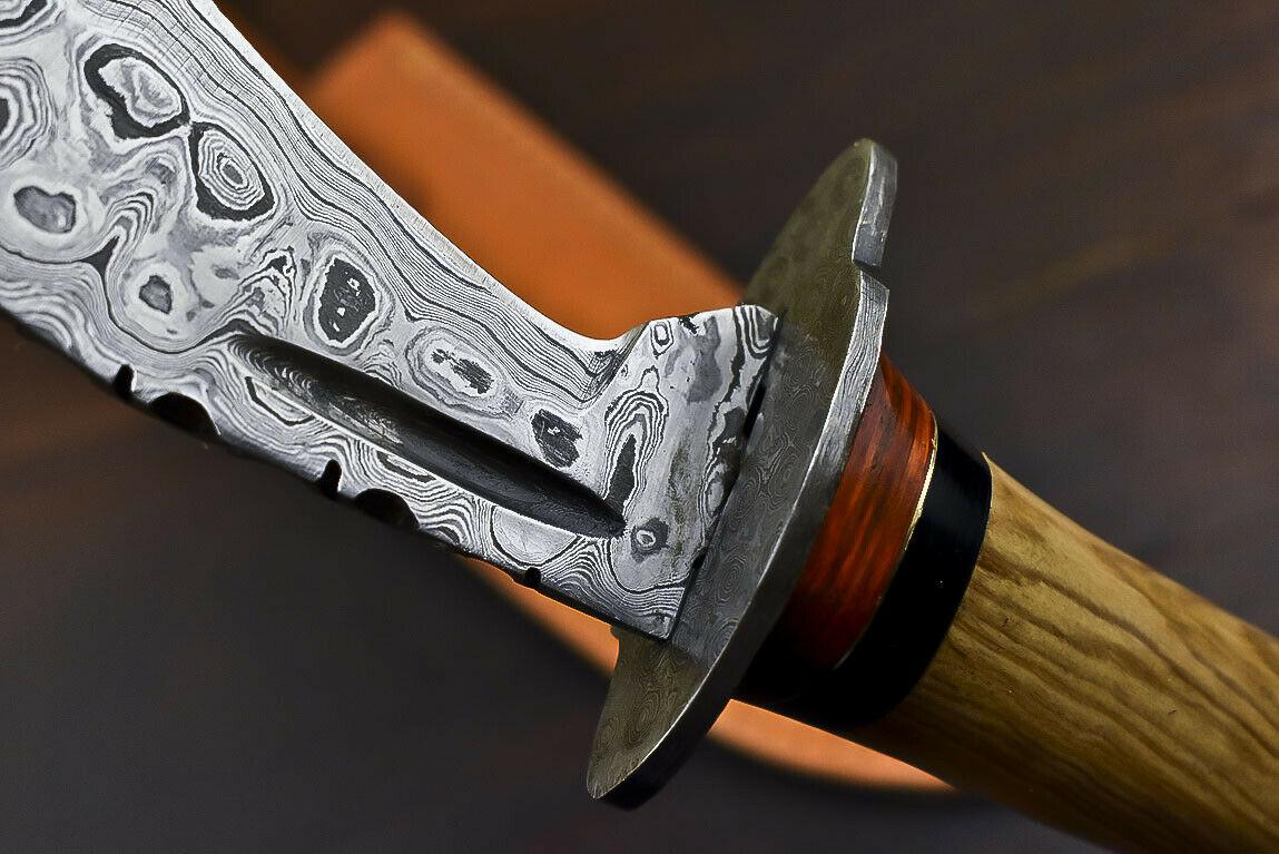 12" Damascus Steel Bowie Knife with Olive Wood Handle Hunting Blade