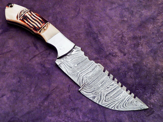 Heritage Forge 9.5 Inch Damascus Steel Tracker Knife with Engraved Stag Handle