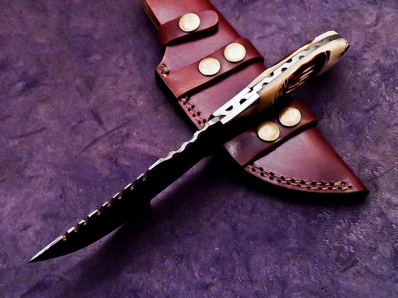 Heritage Forge 9.5 Inch Damascus Steel Tracker Knife with Engraved Stag Handle