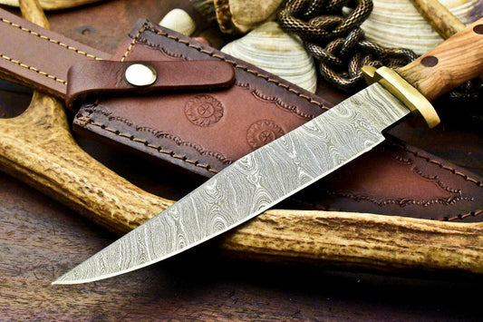 11.5" Handmade Damascus Bowie Knife – Walnut Wood Handle & Leather Sheath