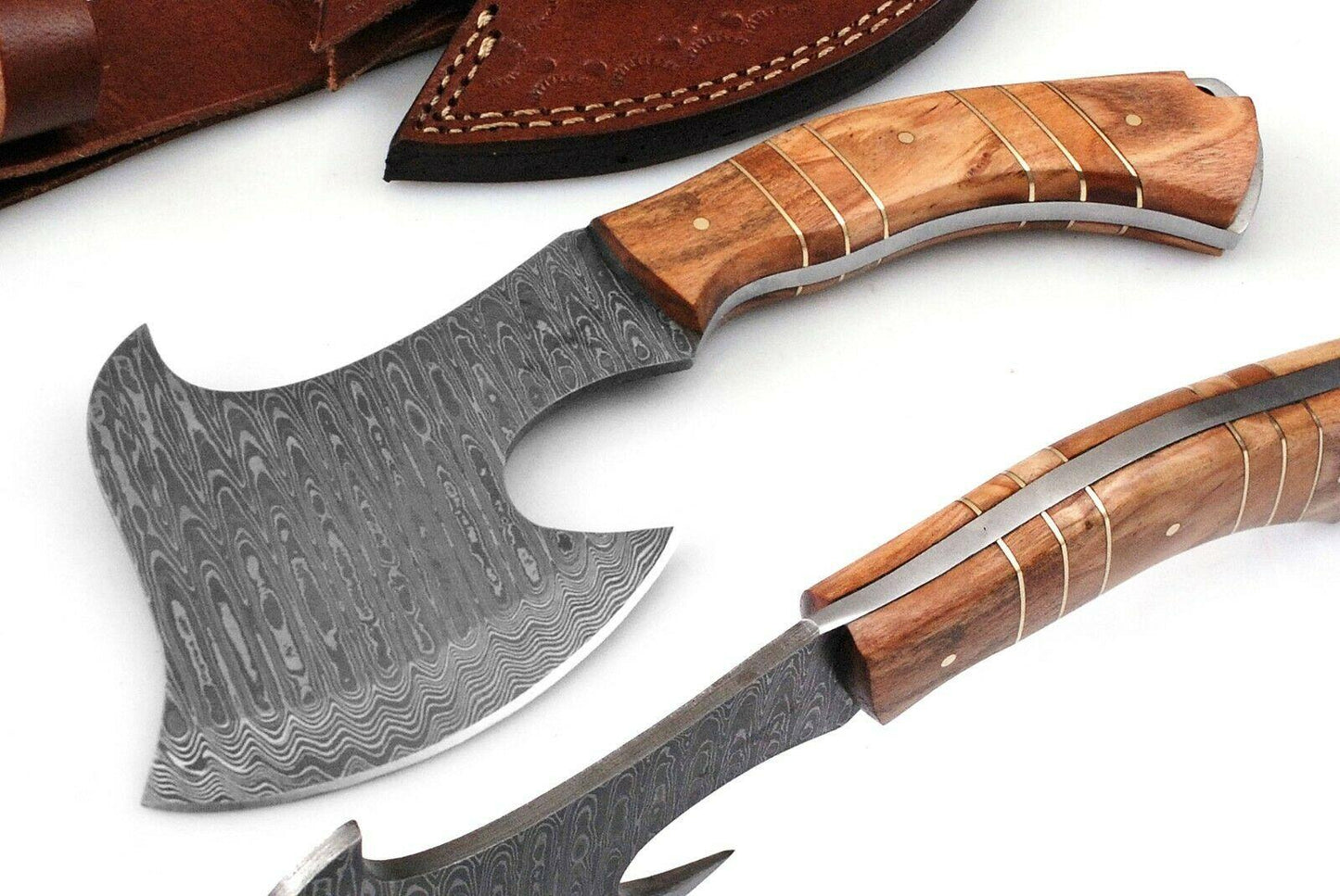 Handmade Damascus Steel Mini Axe – Hunting and Camping Knife with Olive Wood Handle and Leather Sheath