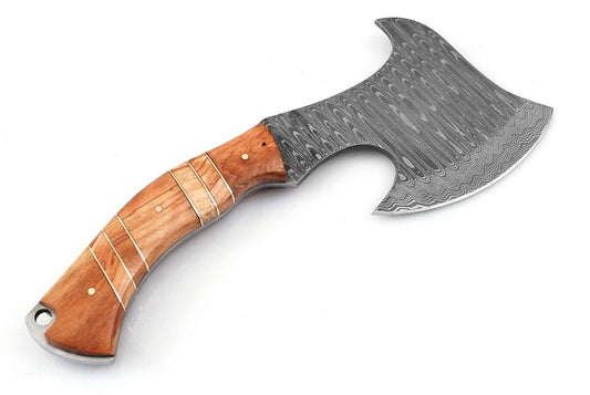Handmade Damascus Steel Mini Axe – Hunting and Camping Knife with Olive Wood Handle and Leather Sheath