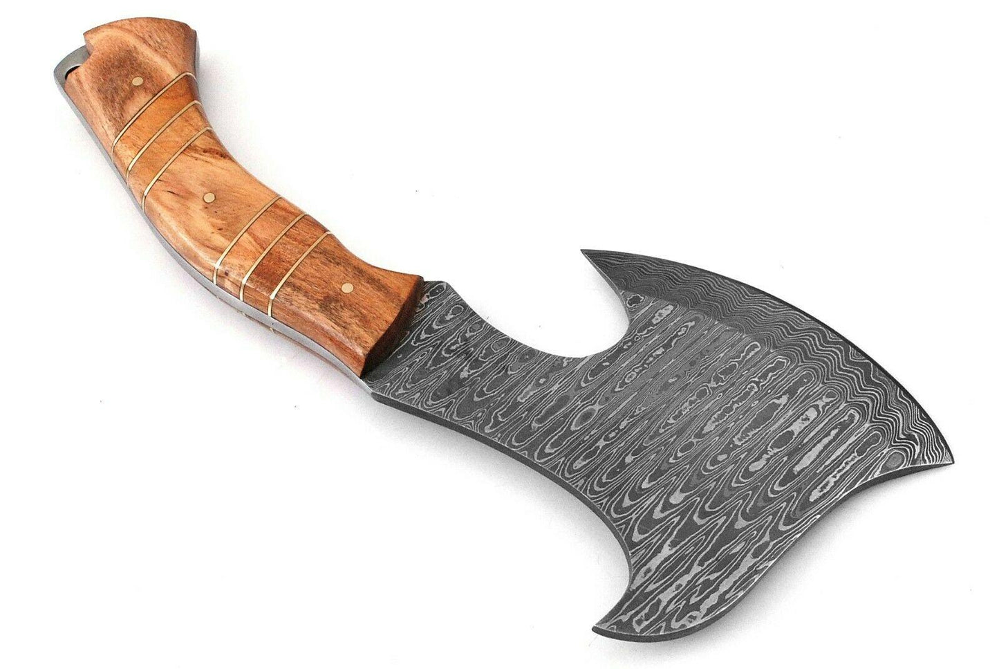 Handmade Damascus Steel Mini Axe – Hunting and Camping Knife with Olive Wood Handle and Leather Sheath