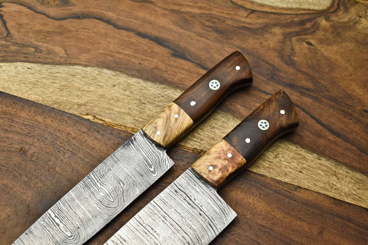 Lot of 2 Handmade Damascus Steel Chef Knife Set – Forged Kitchen Knives