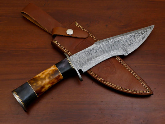 Heritage Forge 13" Custom Damascus Bowie Knife with Stained Camel Bone Handle