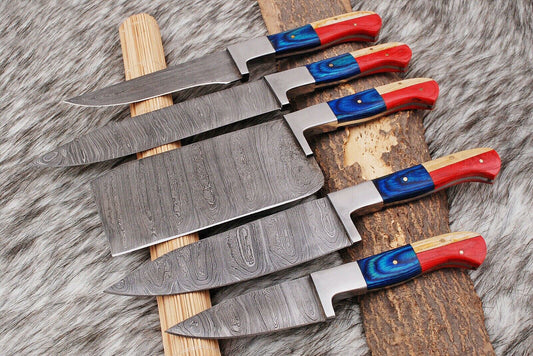 Custom Handmade Damascus Steel Chef Knife Set – 5-Piece Kitchen Collection with American Flag Color Handles and Leather Sheath