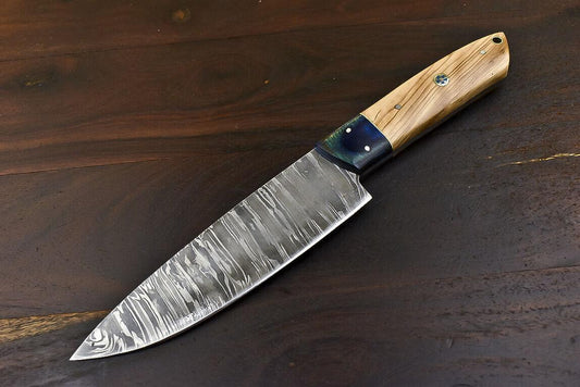 Handmade Tanto Damascus Steel Olive Wood Outdoor Hunting Chef Knife