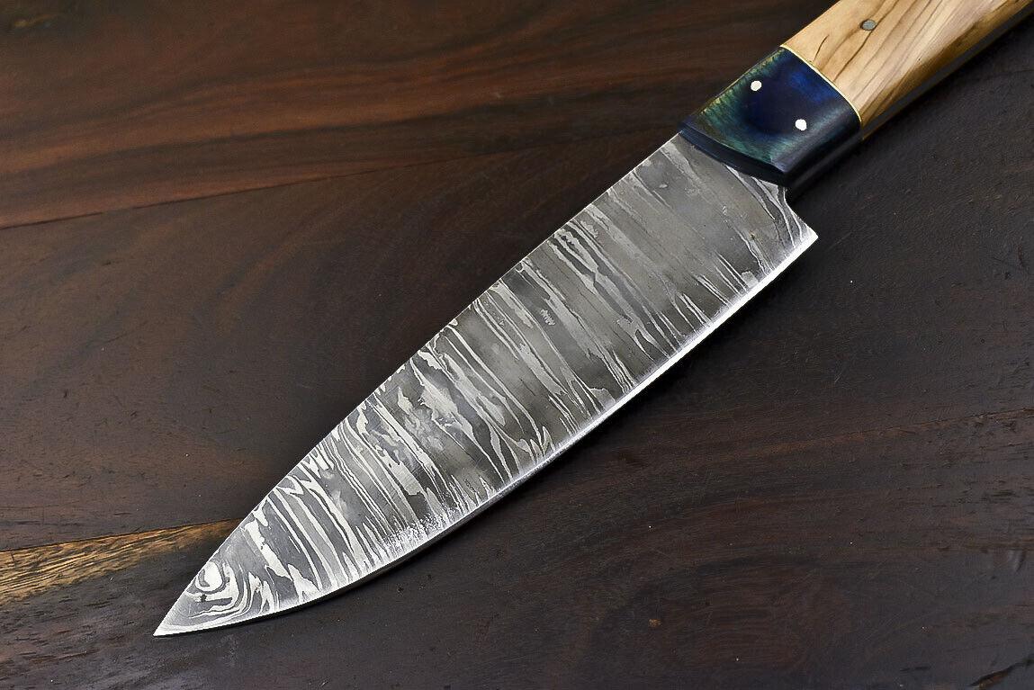 Handmade Tanto Damascus Steel Olive Wood Outdoor Hunting Chef Knife