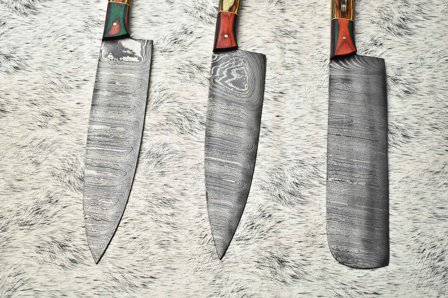 Lot Of 3 Handmade Damascus Hammered Full Tang Chef Set Knives with Hard Wood Handles, Perfect for Professional and Home Kitchens