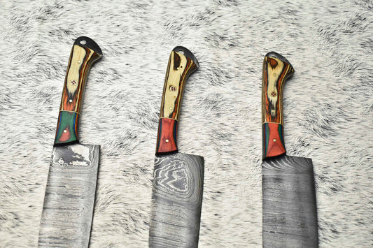 Lot Of 3 Handmade Damascus Hammered Full Tang Chef Set Knives with Hard Wood Handles, Perfect for Professional and Home Kitchens