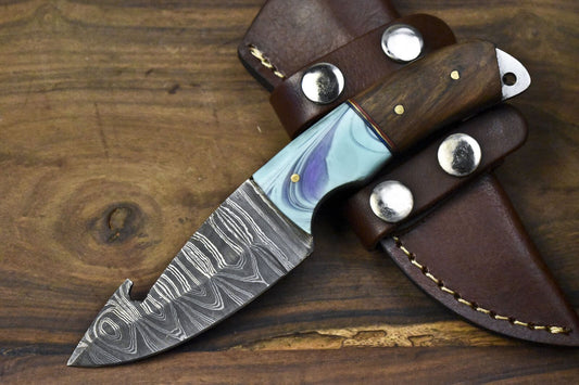 Custom Gut Hook Skinner Knife Twist Damascus Walnut Wood Micarta Guard with Sheath