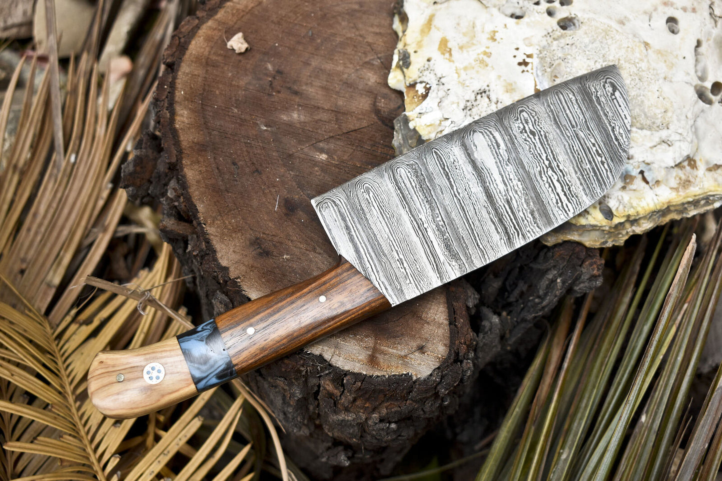 Hand Forged Clever Chopper Chef Knife – Twist Damascus Steel with Hardwood Handle