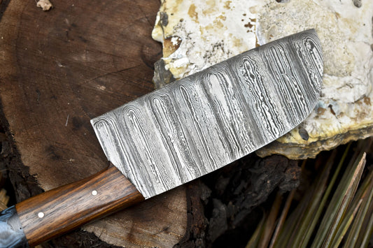 Hand Forged Clever Chopper Chef Knife – Twist Damascus Steel with Hardwood Handle