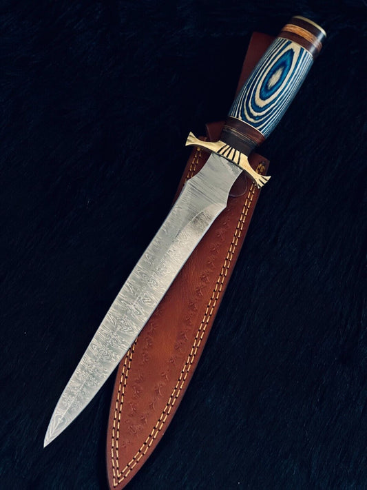 Heritage Forge 15.5 Inch Fire Damascus Hunting Dagger with Camel Bone and Wood Handle