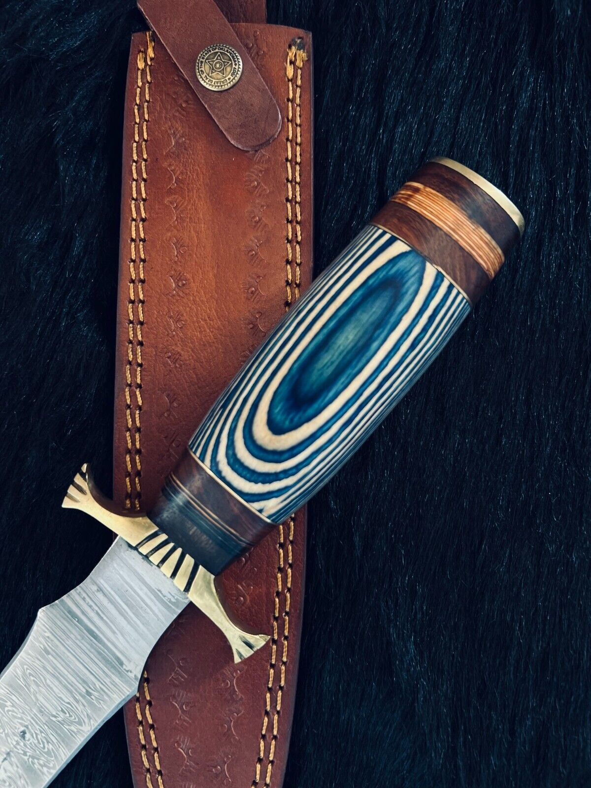 Heritage Forge 15.5 Inch Fire Damascus Hunting Dagger with Camel Bone and Wood Handle