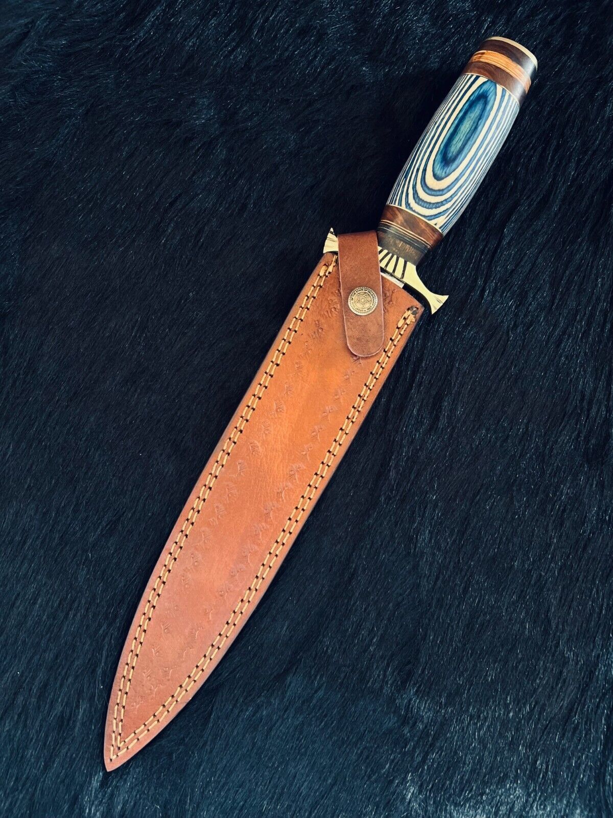 Heritage Forge 15.5 Inch Fire Damascus Hunting Dagger with Camel Bone and Wood Handle