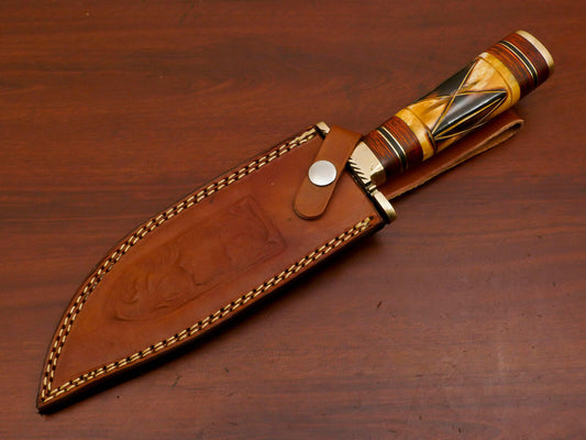 12" Handmade Damascus Steel Bowie Hunting Knife – Bone and Wood Handle with Sheath