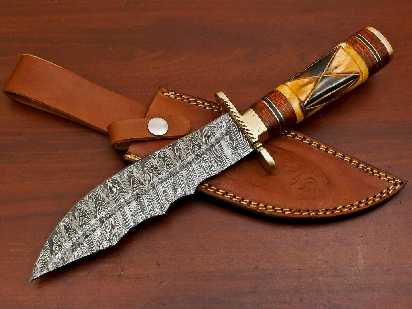 12" Handmade Damascus Steel Bowie Hunting Knife – Bone and Wood Handle with Sheath