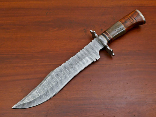 15" Damascus Bowie Knife – Camel Bone & Rosewood Handle with Forged Guard