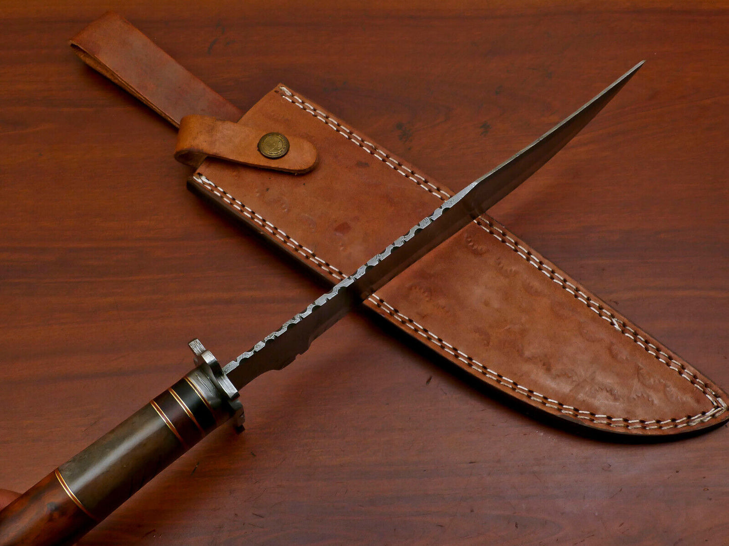 15" Damascus Bowie Knife – Camel Bone & Rosewood Handle with Forged Guard