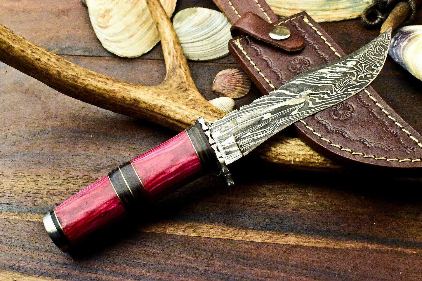 10" Damascus Bowie Hunting Knife – Hard Wood Handle with Leather Sheath