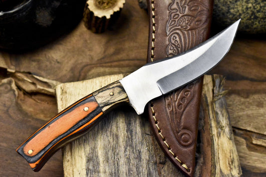 8" Custom Skinner Knife AUS-8 Steel Hard Wood Handle with Leather Sheath