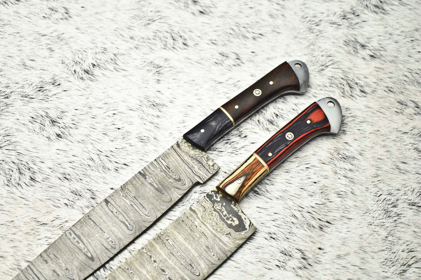 Exclusive Pair of Handmade Hammered Damascus Steel Chef Knives, 12” to 13” Blades