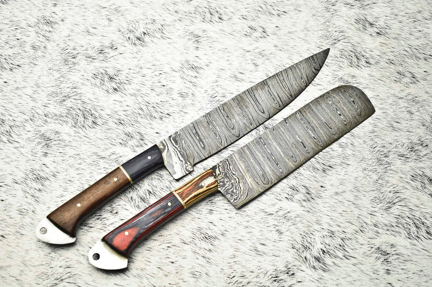 Exclusive Pair of Handmade Hammered Damascus Steel Chef Knives, 12” to 13” Blades
