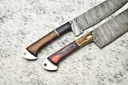 Exclusive Pair of Handmade Hammered Damascus Steel Chef Knives, 12” to 13” Blades