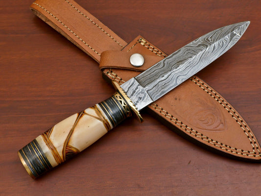 12" Damascus Art Dagger Hunting Bowie Knife – Burn Camel Bone Handle