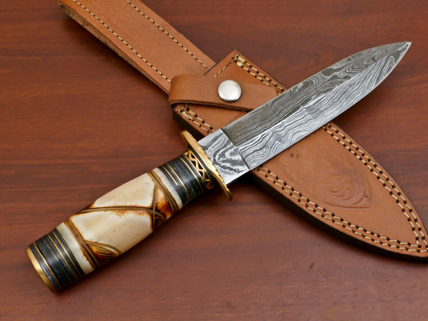 12" Damascus Art Dagger Hunting Bowie Knife – Burn Camel Bone Handle