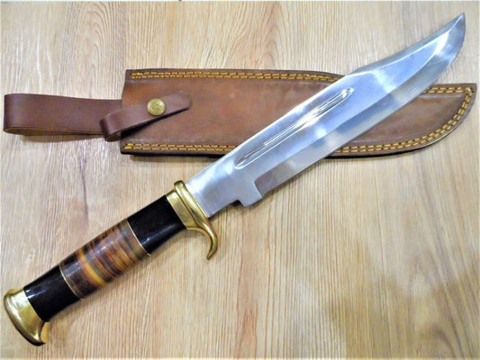 Heritage Forge 16 Inch Handmade Damascus Bowie Knife | Bull Horn Wood Handle Bowie for Hunting and Camping