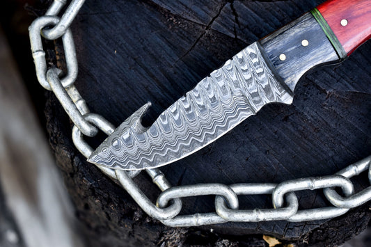 Handmade Ladder Damascus Skinner Knife with Gut Hook Hardwood Handle and Leather Sheath